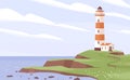 Scenic landscape with lighthouse tower on sea or ocean coast. Peaceful seascape with light house on seashore, green