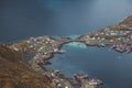 Scenic landscape of Lofoten islands: peaks, lakes, and houses. Reine village, rorbu, reinbringen Royalty Free Stock Photo