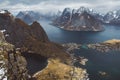 Scenic landscape of Lofoten islands: peaks, lakes, and houses. Reine village, rorbu, reinbringen Royalty Free Stock Photo