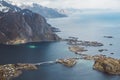 Scenic landscape of Lofoten islands: peaks, lakes, and houses. Reine village, rorbu, reinbringen