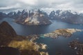 Scenic landscape of Lofoten islands: peaks, lakes, and houses. Reine village, rorbu, reinbringen