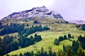 Green alpine mountain with a snowy peak under a foggy sky at TalschluÃ¯Â¿Â½ in Saalbach, Austria Royalty Free Stock Photo