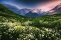 Scenic landscape of lush green mountains with wild flowers and hazy mountains with sunray, created with Generative AI
