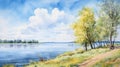 Dnieper River Crag Watercolor Painting With Trees And Blue Sky