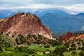 Scenic landscape with Pikes Peak and red rock formations at Garden of the Gods Royalty Free Stock Photo
