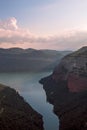 Scenic landscape with pink sunset in Sau Lake, Catalonia, Spain.