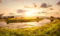 Scenic landscape of resevoir and mountain with sunset, sunrise