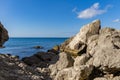 Scenic landscape with rocky coast of the Black Sea in surroundings of Sudak, Crimean peninsula. Cape Alchak in Sudak Royalty Free Stock Photo