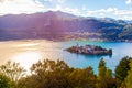 Wonderful landscape of San Giulio island inside Orta`s Lake, Piemonte, Italy Royalty Free Stock Photo