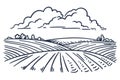 Scenic landscape sketch of rolling hills and fields with cloudy sky in minimalist, AI Generative Royalty Free Stock Photo