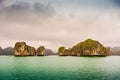 Scenic landscape with small karst stone islands in the famous Ha Long Bay in Vietnam