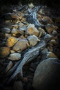 Scenic landscape of snowy jagged rocks and tree logs Royalty Free Stock Photo