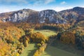 Scenic landscape in Sulov, Slovakia, on beautiful autumn sunrise with colorful leaves on trees in forest and bizarre pointy rocks Royalty Free Stock Photo