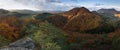 Scenic landscape in Sulov, Slovakia, on beautiful autumn sunrise with colorful leaves on trees in forest and bizarre pointy rocks Royalty Free Stock Photo