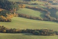 Scenic landscape in Sulov, Slovakia, on beautiful autumn sunrise with colorful leaves on trees in forest and bizarre pointy rocks Royalty Free Stock Photo