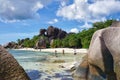 Scenic landscape of sunny tropical Anse Source D`Argent Beach on La Digue Island