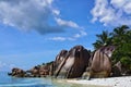 Scenic landscape of sunny tropical Anse Source D`Argent Beach on La Digue Island, Seychelles
