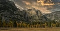 Scenic landscape of a sunset at the Majestic Yosemite National Park with cliffs and trees in autumn