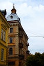 Scenic landscape view of ancient facades against blue sky. Olga Kobylyanska Street is one of the central streets of Chernivtsi.