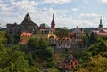 Scenic landscape view of ancient Loket Castle with colorful buildings by summer sunny day. Bohemia, Sokolov, Karlovarsky Region