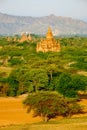 Scenic landscape view of antient temples at sunrise, Bagan, Myan