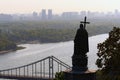 Scenic landscape view of Dnipro River with the Pedestrian Bridge and famous Monument of Vladimir The Great.