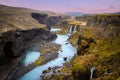 Beautiful landscape of Sigoldugljufur canyon with many small waterfalls and the blue river in Highlands of Iceland Royalty Free Stock Photo