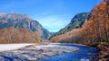 Scenic landscape view of Kamikochi National Park Beautiful mountain in autumn leaf with clear water river in the Northern Japan Al Royalty Free Stock Photo