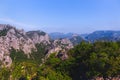 Scenic landscape view of limestone mountain with cliff in tropical forest. Royalty Free Stock Photo