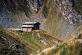 Scenic landscape view at a lonely house at the top of the mountain Transfagarasan, hotel, Romania Royalty Free Stock Photo