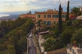 Scenic landscape view of luxury resorts in Taormina in sunny day. Famous touristic place and travel destination in Europe Royalty Free Stock Photo
