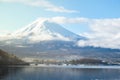 Scenic landscape view of Mt Fuji in the early morning sunrise on the lake kawaguchiko in japan and bridge winter season Royalty Free Stock Photo