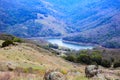 Scenic landscape view of nestled lake in hills