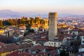 Scenic landscape view of the old town city center of the historical buildings during the sunset, Citta Alta, Bergamo, Italy Royalty Free Stock Photo