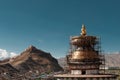 Scenic landscape view of traditional tibetan village against blue sky Royalty Free Stock Photo