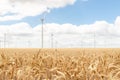 Scenic landscape view of wheat field harvest and big modern wind turbine mill farm against beautiful clouds blue sky Royalty Free Stock Photo