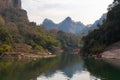 Scenic landscape of Wuyi Mountains peaks and the River of Nine Bends, Fujian province, China Royalty Free Stock Photo