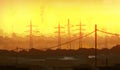 Scenic landscape, yellow sunset with power lines, digital art style