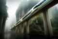 Scenic long exposure photo of futuristic train running through mountain