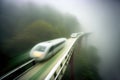 Scenic long exposure photo of futuristic train running through mountain
