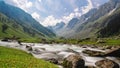 Scenic long exposure water flowing in river with mountain landscape in Sonamarg, Jammu and Kashmir, India Royalty Free Stock Photo