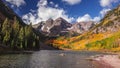 Scenic Maroon bells landscape surrounded with Fall foliage in Colorado Royalty Free Stock Photo