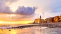 Scenic Mediterranean riviera coast. Panoramic view of Camogli town in Liguria, Italy. Basilica of Santa Maria Assunta and colorful Royalty Free Stock Photo