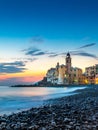 Scenic Mediterranean riviera coast. Panoramic view of Camogli town in Liguria, Italy. Basilica of Santa Maria Assunta and colorful Royalty Free Stock Photo