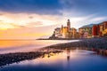 Scenic Mediterranean riviera coast. Panoramic view of Camogli town in Liguria, Italy. Basilica of Santa Maria Assunta and colorful Royalty Free Stock Photo