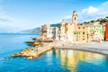 Scenic Mediterranean riviera coast. Panoramic view of Camogli town in Liguria, Italy. Basilica of Santa Maria Assunta and colorful Royalty Free Stock Photo