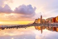 Scenic Mediterranean riviera coast. Panoramic view of Camogli town in Liguria, Italy. Basilica of Santa Maria Assunta and colorful Royalty Free Stock Photo