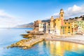 Scenic Mediterranean riviera coast. Panoramic view of Camogli town in Liguria, Italy. Basilica of Santa Maria Assunta and colorful Royalty Free Stock Photo