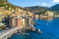 Scenic Mediterranean riviera coast. Panoramic view of Camogli town in Liguria, Italy Royalty Free Stock Photo