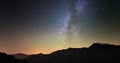 Scenic meteor explosion with stardust during time lapse of the Milky Way and the starry sky rotating over the Alps.